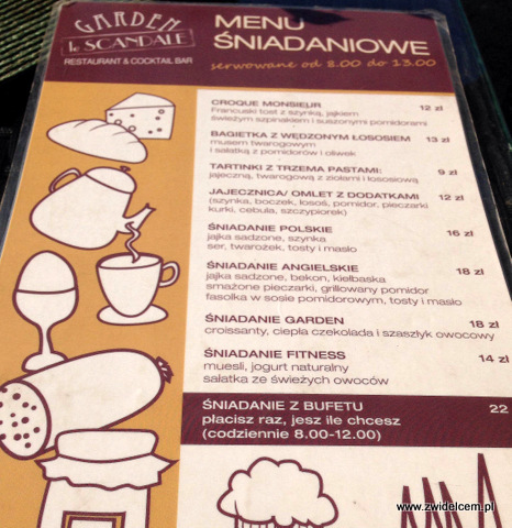 Kraków - Le Scandale - menu śniadaniowe